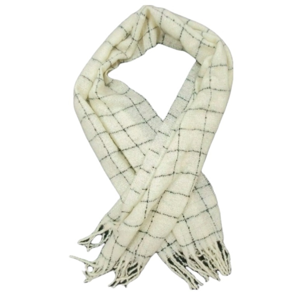 LOFT Women's Wool Blend Scarf Cream Black Check Rectangular One Size Fringe - Picture 2 of 4